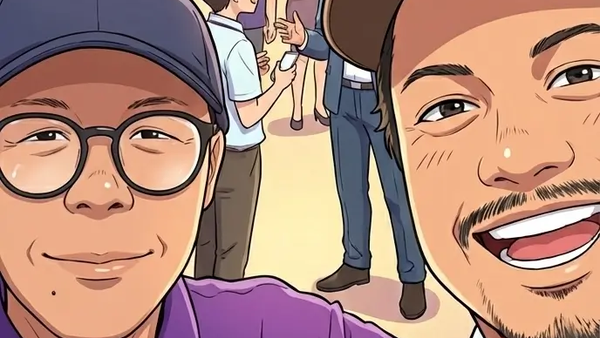 Illustration of a man taking a selfie with a cartoon image in the background, featuring Curry Khoo and Iqbal Abdullah. A fun selfie moment.