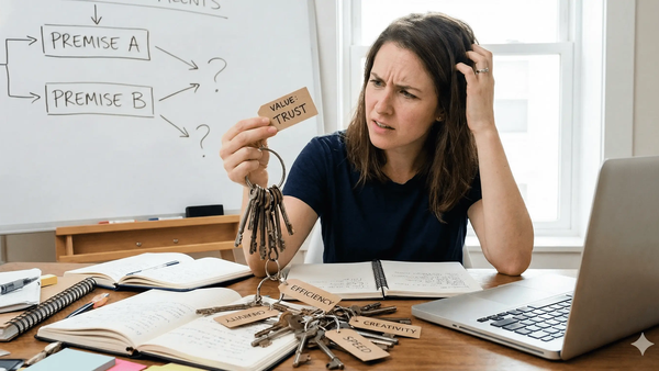 Woman looking frustrated while holding keys labeled "value: trust" and surrounded by notes with words like "efficiency", "creativity", and diagrams showing premises.