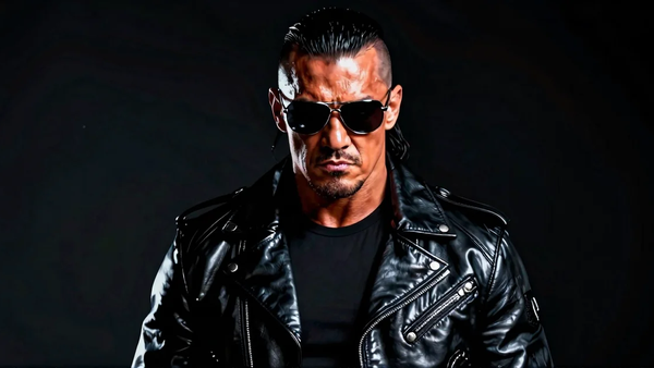 A pro-wrestler wearing sunglasses and a leather jacket, poses for a promotional image. An analogy of how AI decides who is a pro-wrestler.